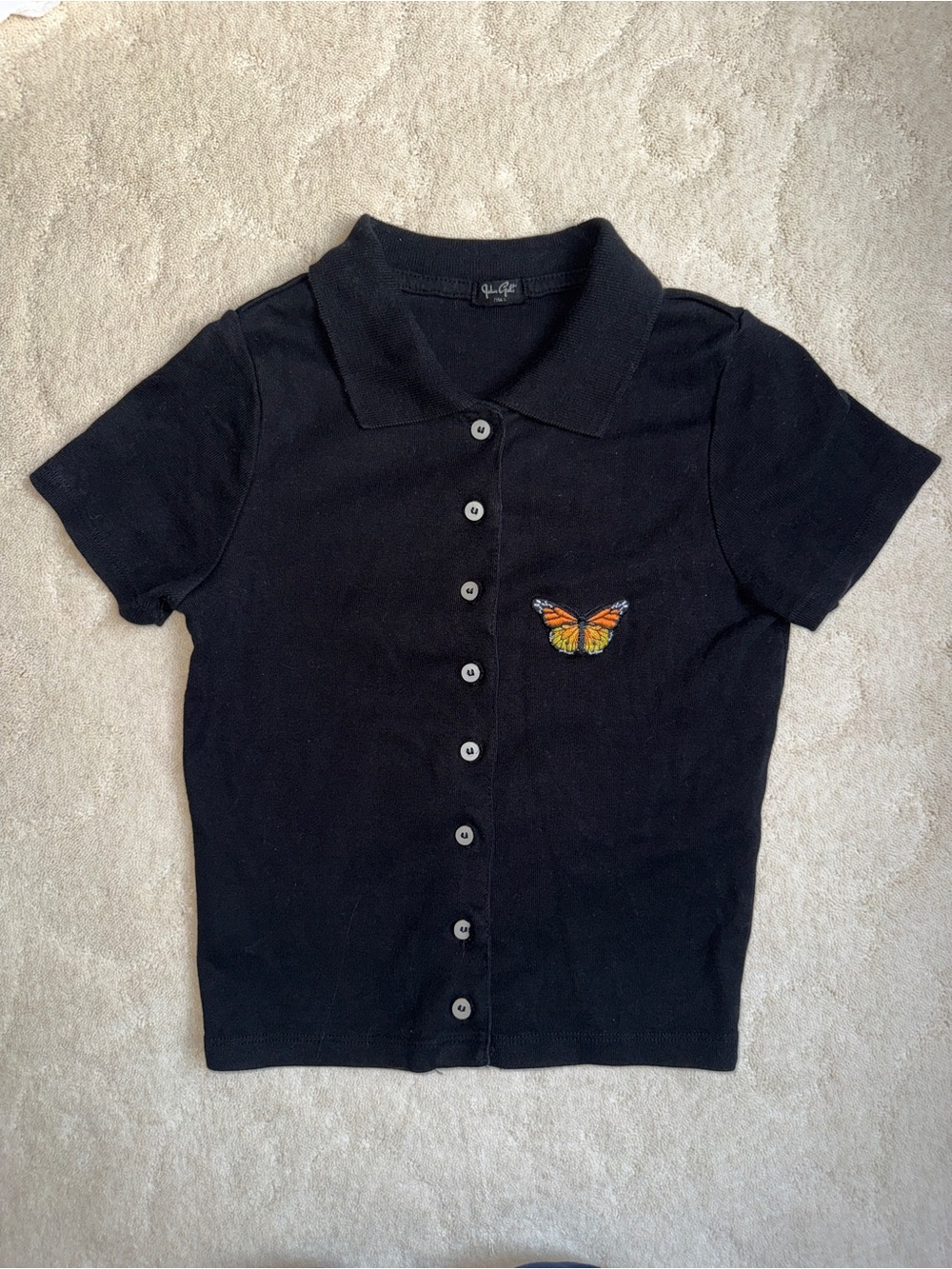 Brandy Melville Black Button-Front Polo with Orange Butterfly Patch
